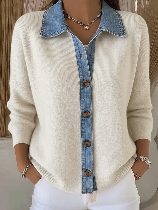 🎄 Clearance Sale 🔥Denim Patchwork Polo Collar Button-down Knitted Cardigan Sweater