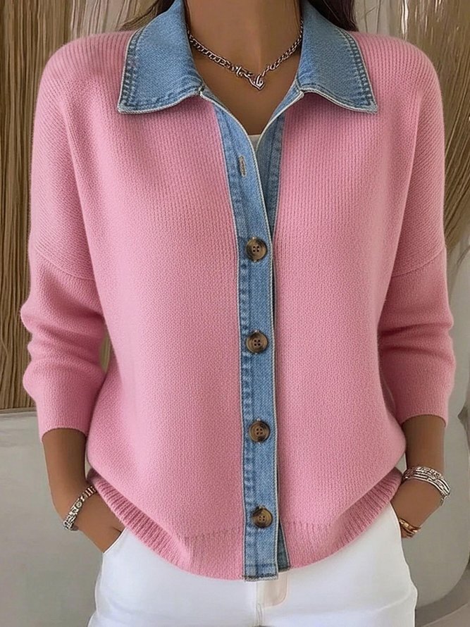 🎄 Clearance Sale 🔥Denim Patchwork Polo Collar Button-down Knitted Cardigan Sweater