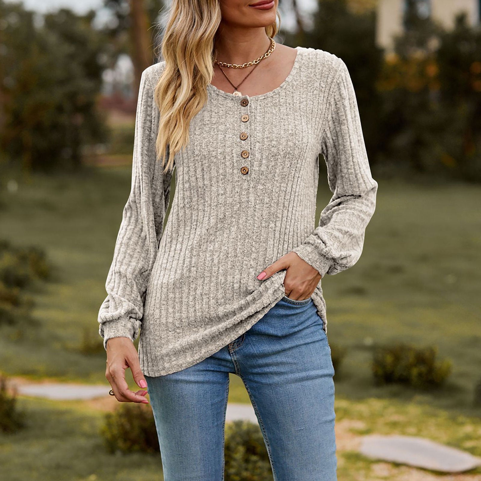 Women's Fall Button Scoop Neck Puff Long Sleeve Henley Shirts