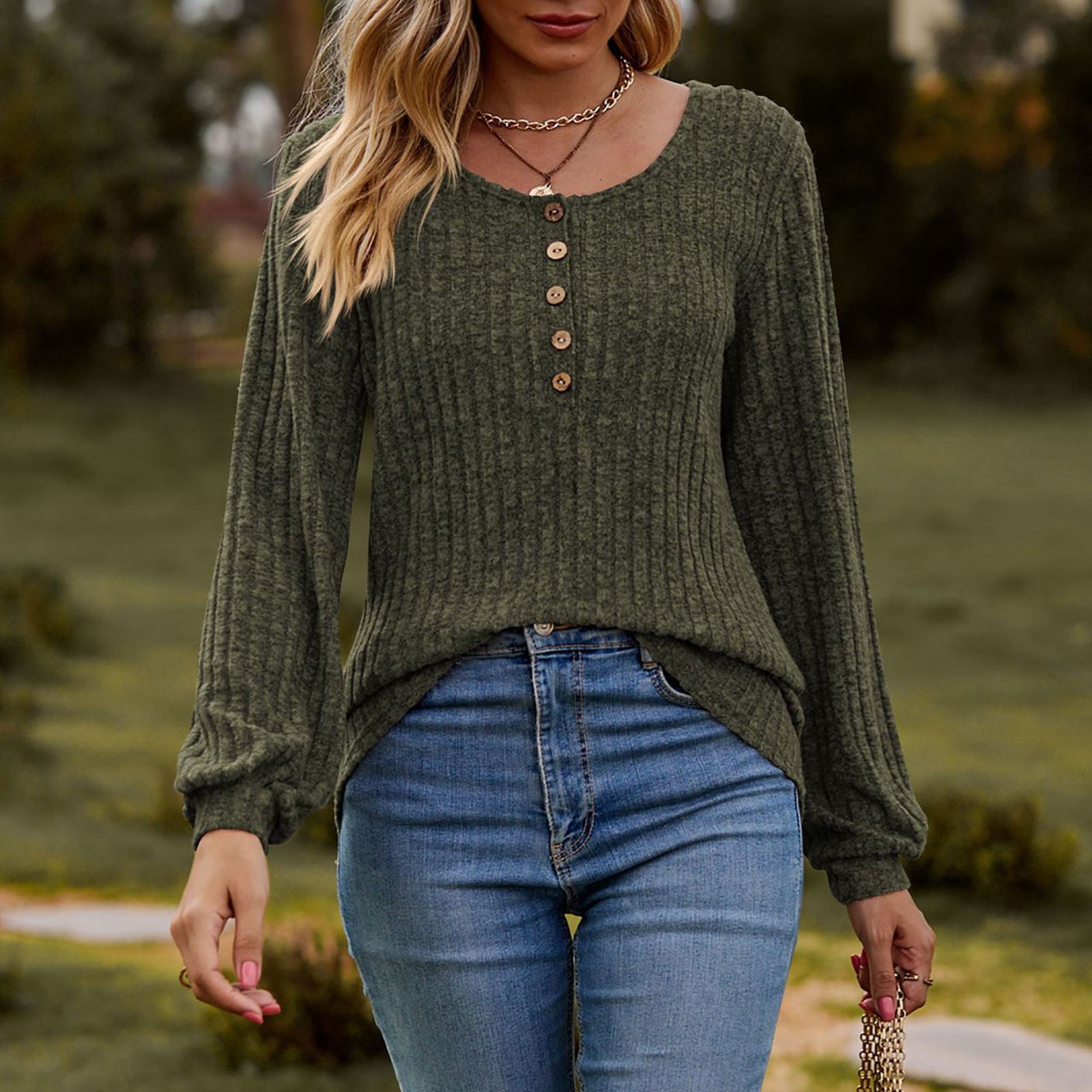 Women's Fall Button Scoop Neck Puff Long Sleeve Henley Shirts