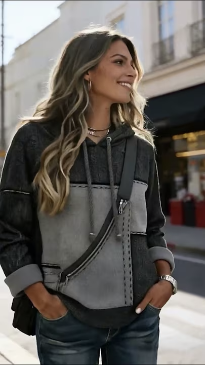 🔥Retro patchwork hooded sweatshirt, a versatile and casual top.