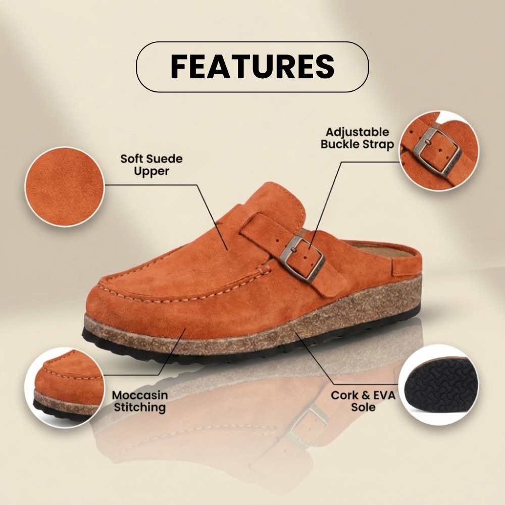 Suede Buckle Mules - Contrast Stitch Detail