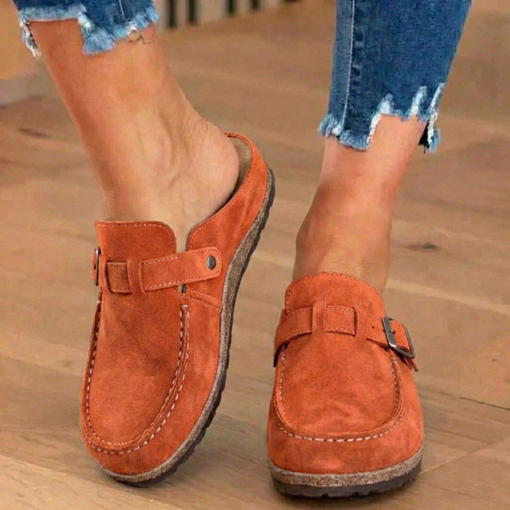  Suede Buckle Mules - Contrast Stitch Detail