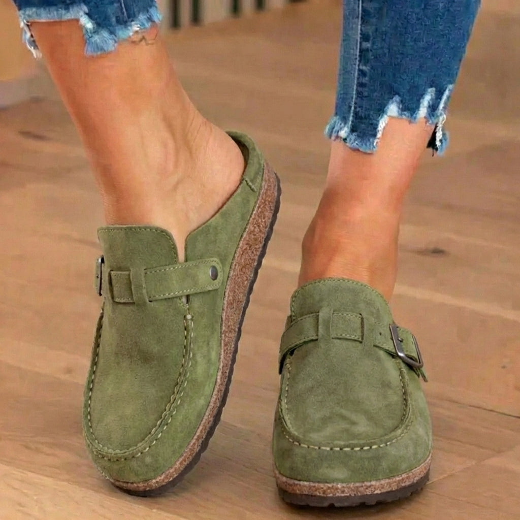 Suede Buckle Mules - Contrast Stitch Detail