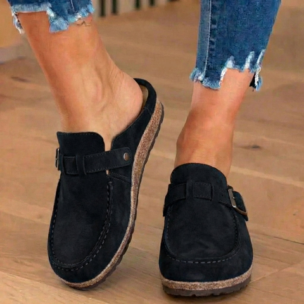 Suede Buckle Mules - Contrast Stitch Detail