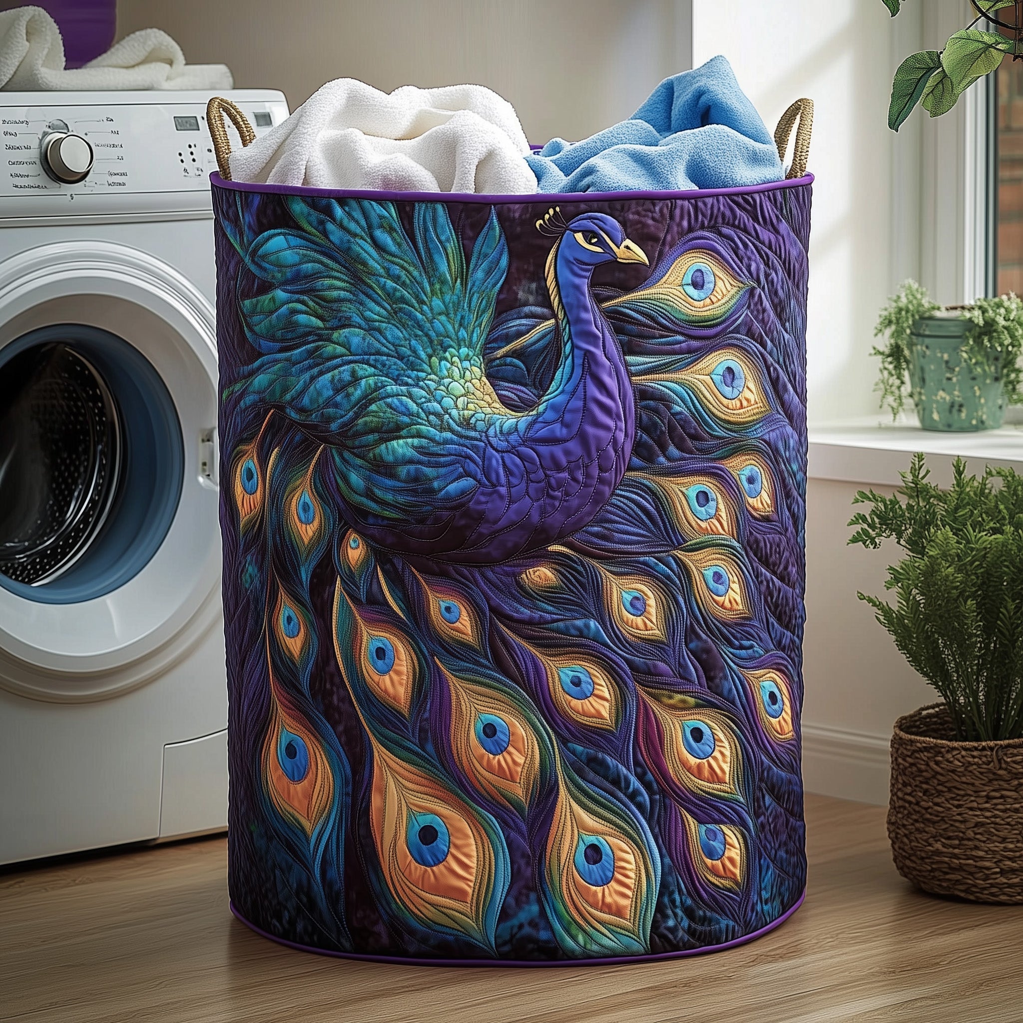Elegant Peacock Quilted Laundry Basket GFTOHD10172