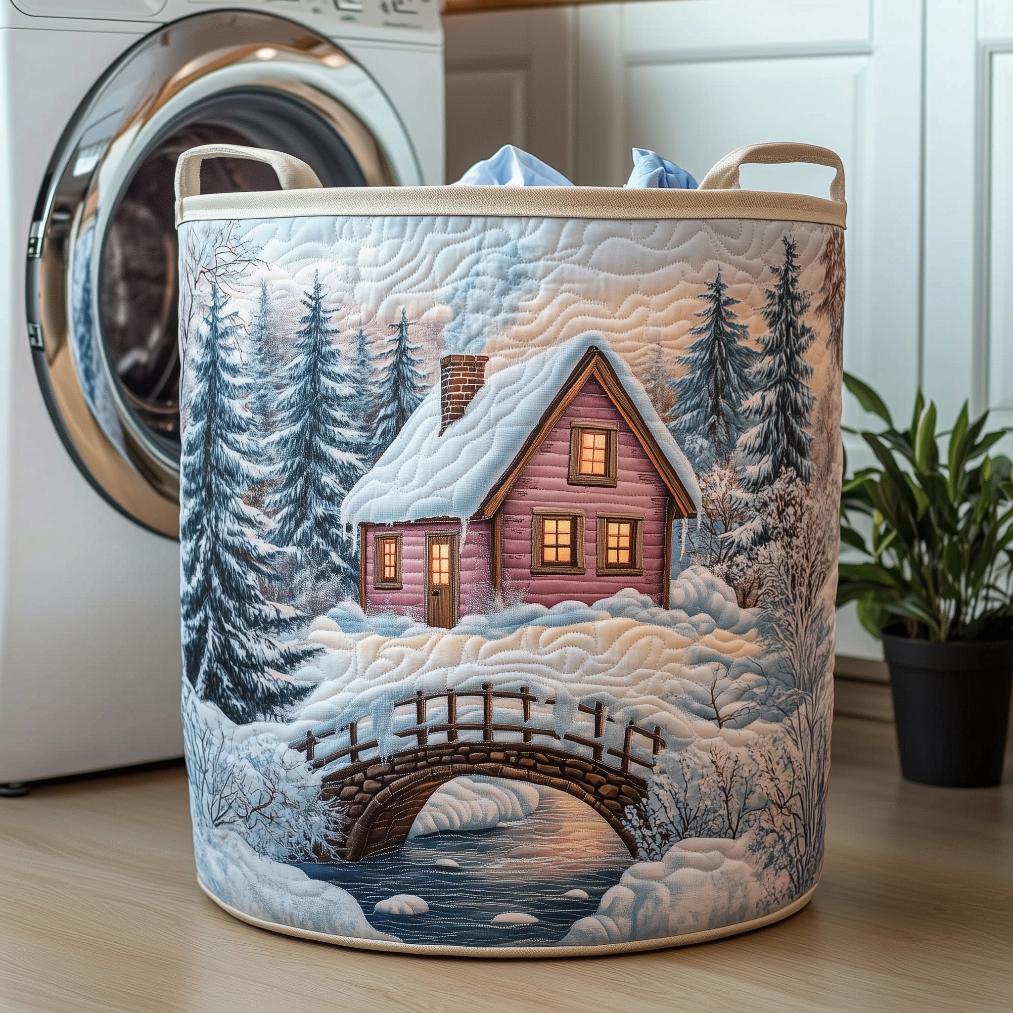 Peaceful Snow Cabin Quilted Laundry Basket GFTOHD10325