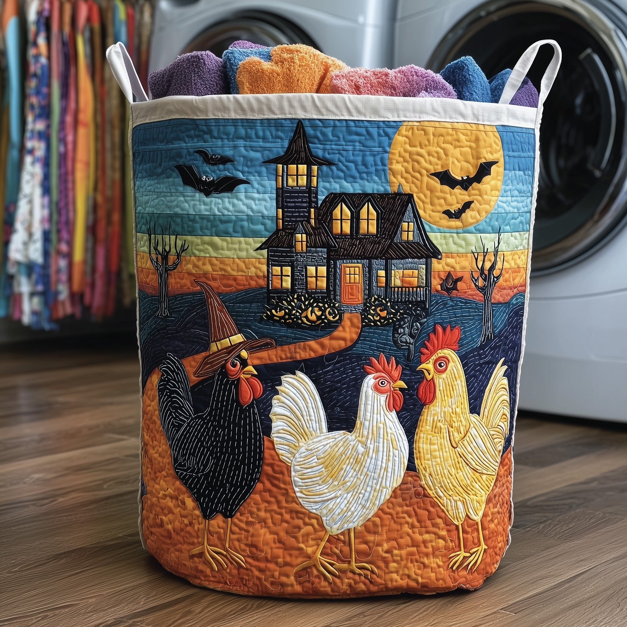 Whimsical Autumn Chicken Quilted Laundry Basket GFTOMA4328