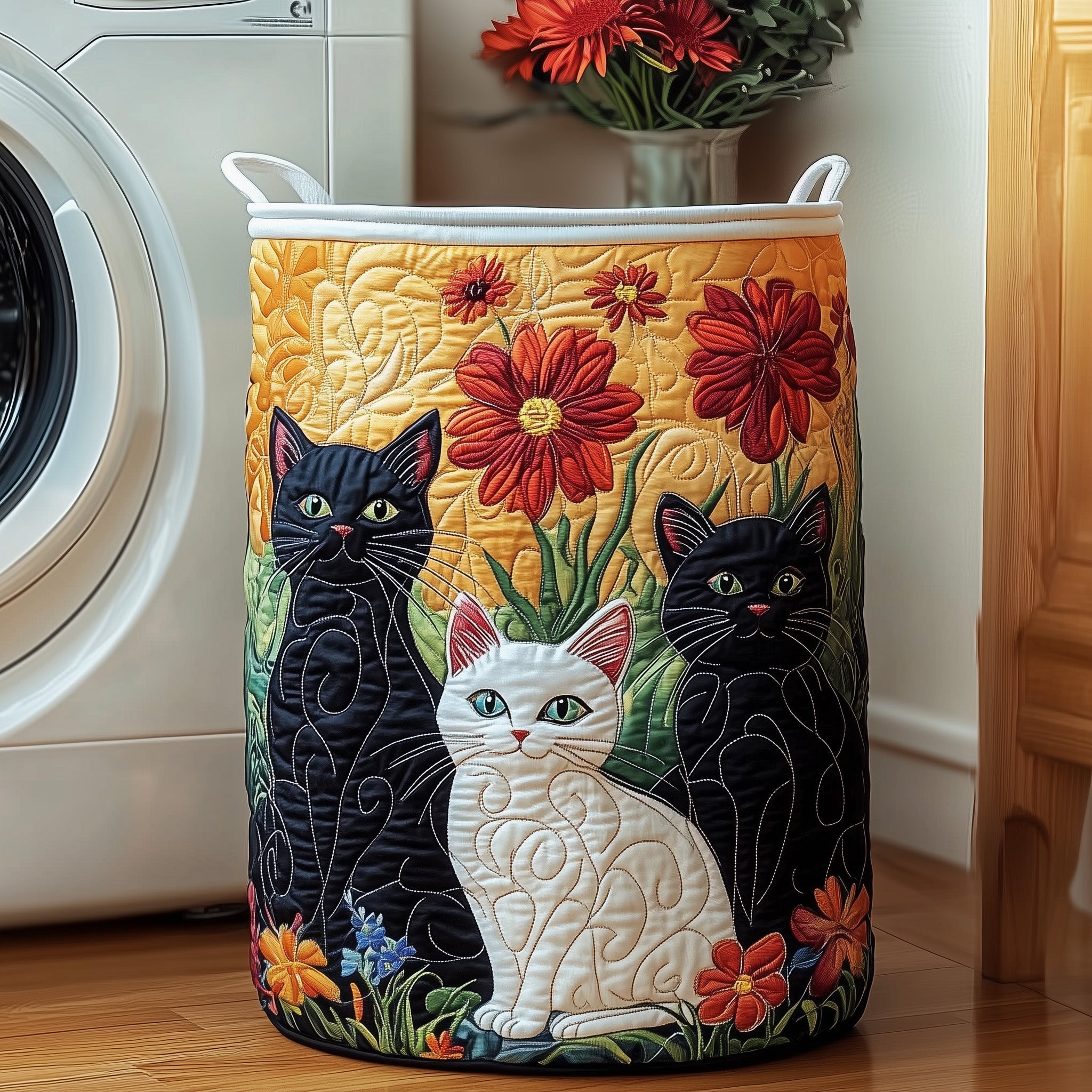 Floral Cats Quilted Laundry Basket GFTOXM281