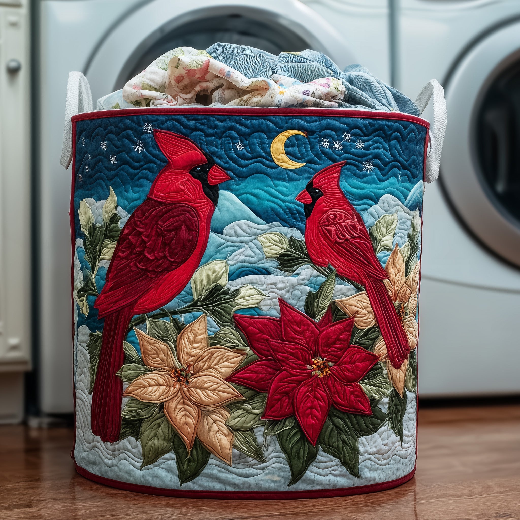 Poinsettia and Cardinal Quilted Laundry Basket GFTOYC322