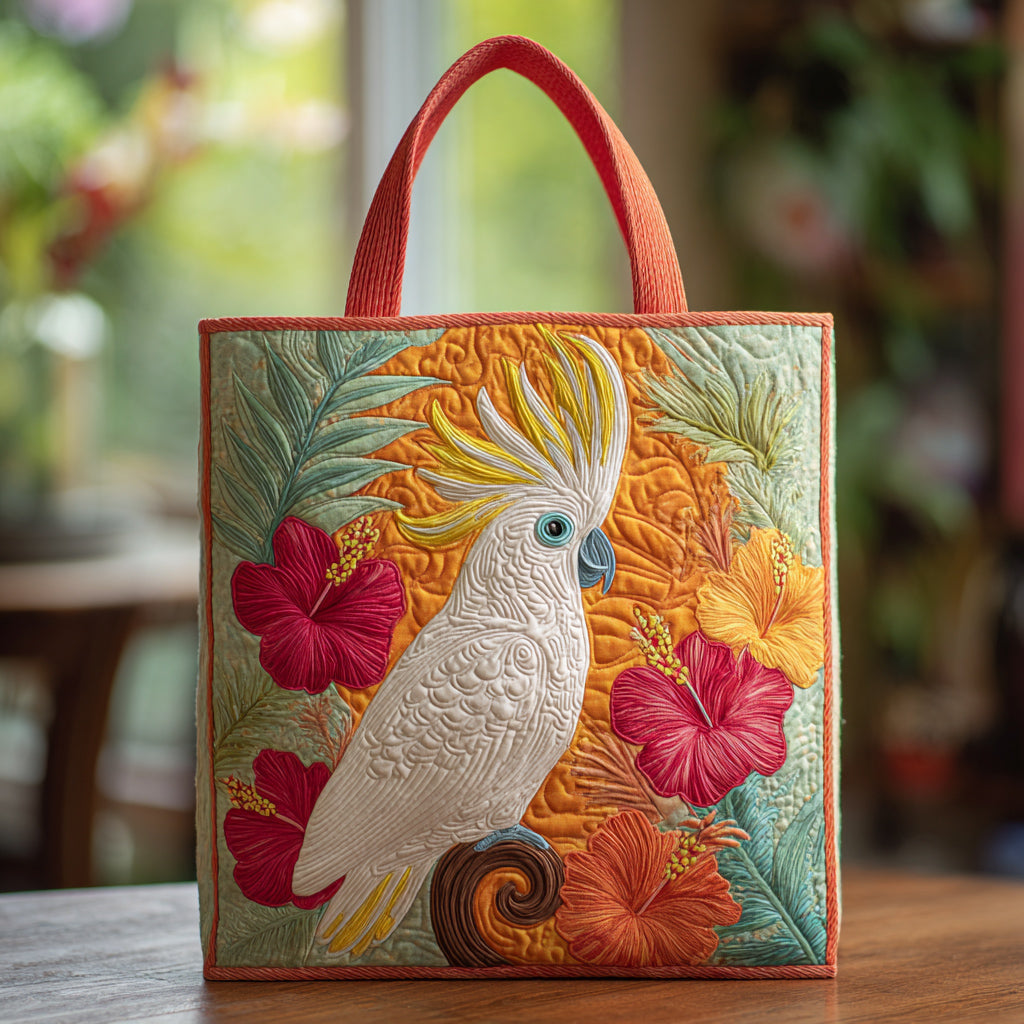 Cockatoo Hibiscus Flowers Quilted Tote  Bag