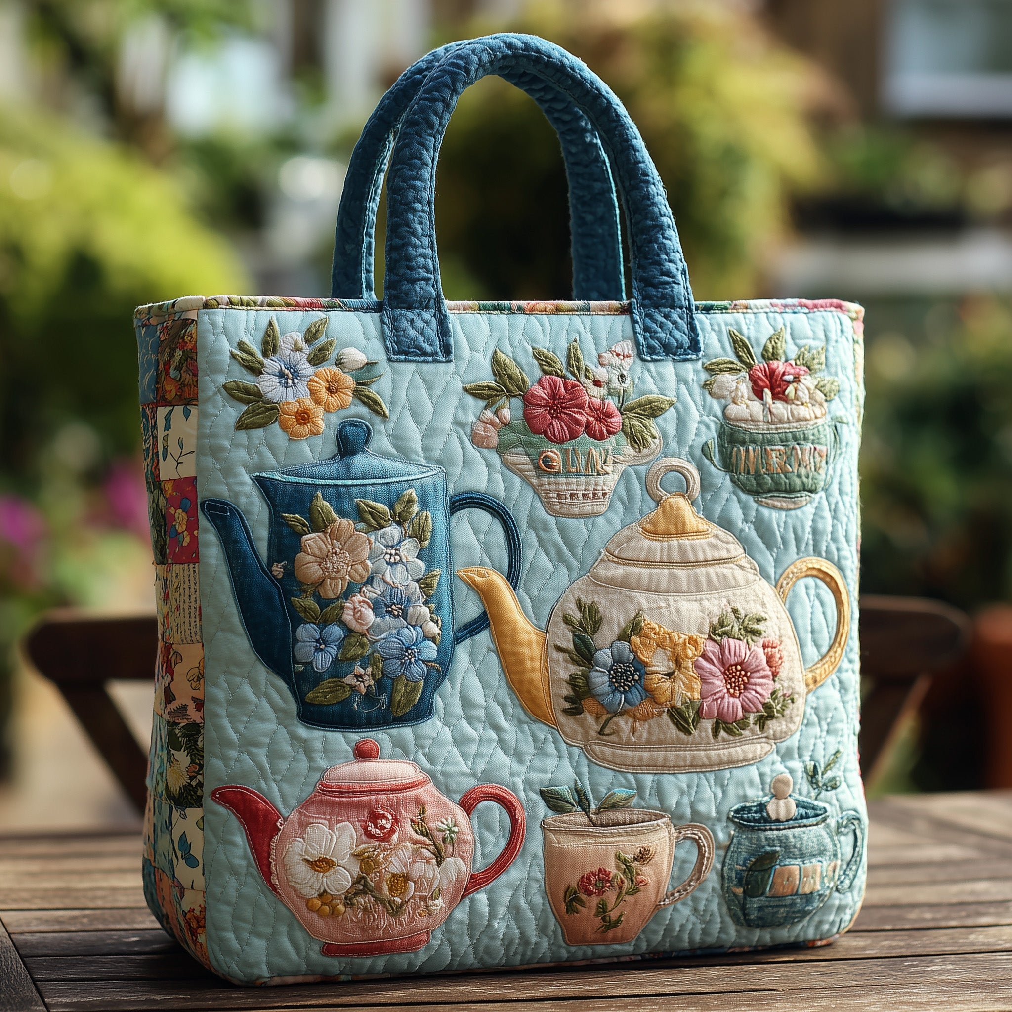 Floral Teapot Quilted Tote Bag
