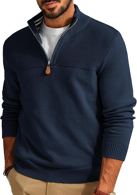 Men's quarter-zip slim-fit casual pullover sweater turtleneck polo shirt