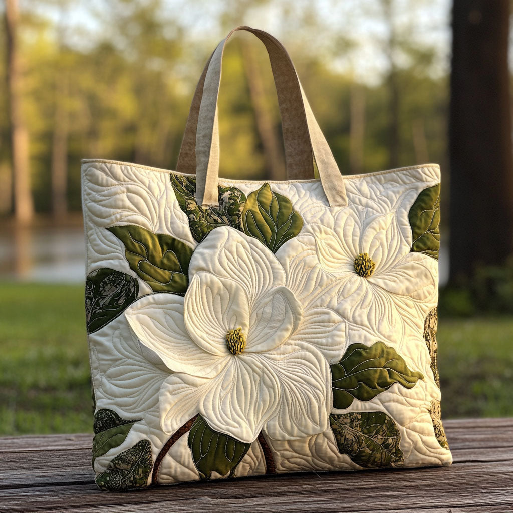 White Magnolia Quilted Tote Bag