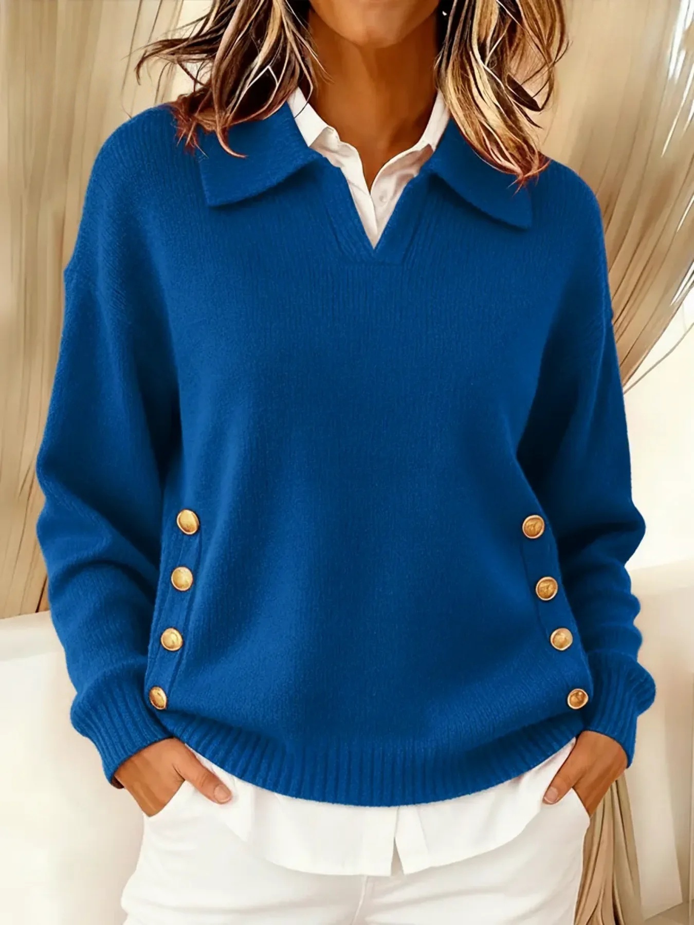 Women's Comfortable Metal Buckle Pullover Knit Sweater