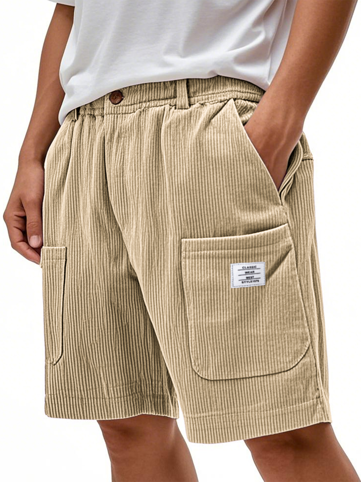 Men's Multi-Pocket Corduroy Stylish Embroidered Logo Shorts with Button-Up Fly Waist and Zipper Crotch Design