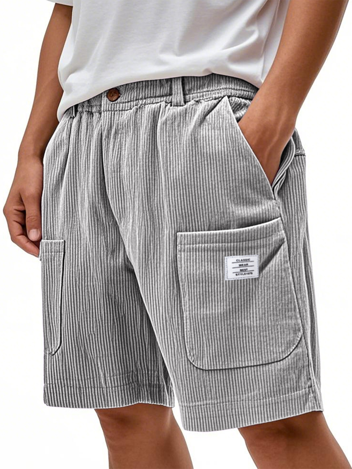 Men's Multi-Pocket Corduroy Stylish Embroidered Logo Shorts with Button-Up Fly Waist and Zipper Crotch Design