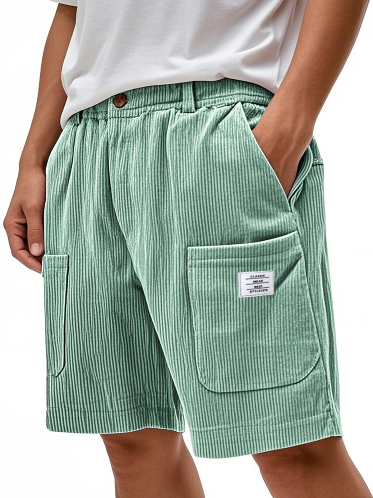 Men's Multi-Pocket Corduroy Stylish Embroidered Logo Shorts with Button-Up Fly Waist and Zipper Crotch Design