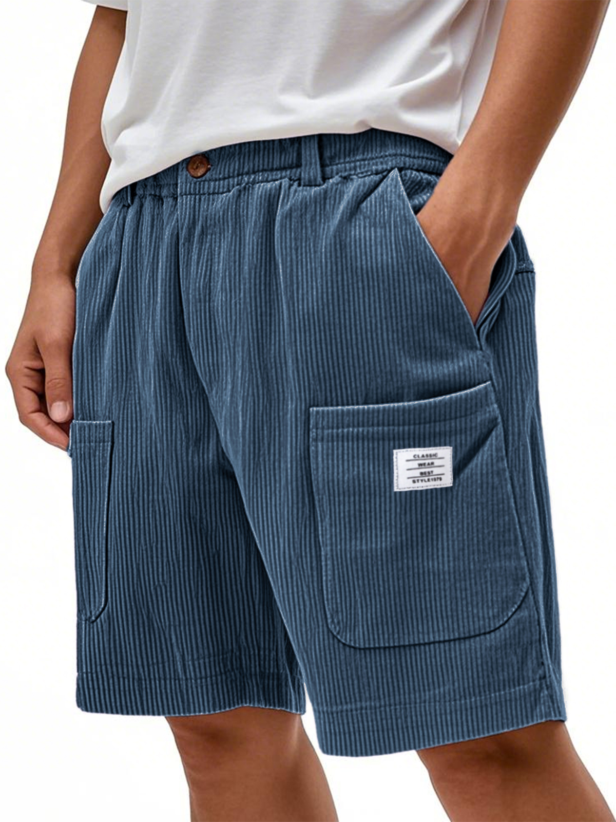 Men's Multi-Pocket Corduroy Stylish Embroidered Logo Shorts with Button-Up Fly Waist and Zipper Crotch Design