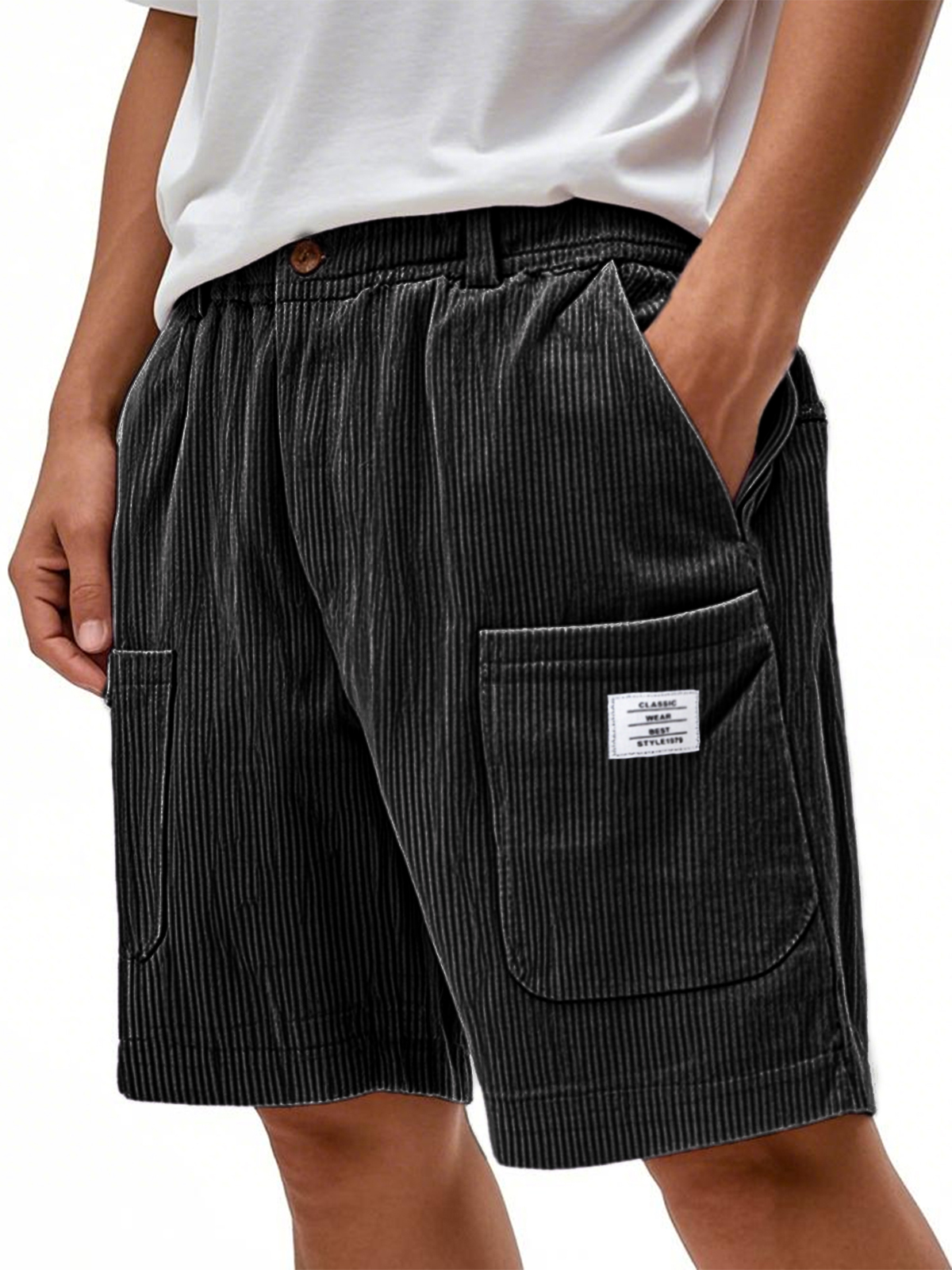Men's Multi-Pocket Corduroy Stylish Embroidered Logo Shorts with Button-Up Fly Waist and Zipper Crotch Design
