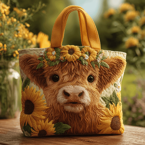 🔥Handmade sunflower highland denim quilted tote bag
