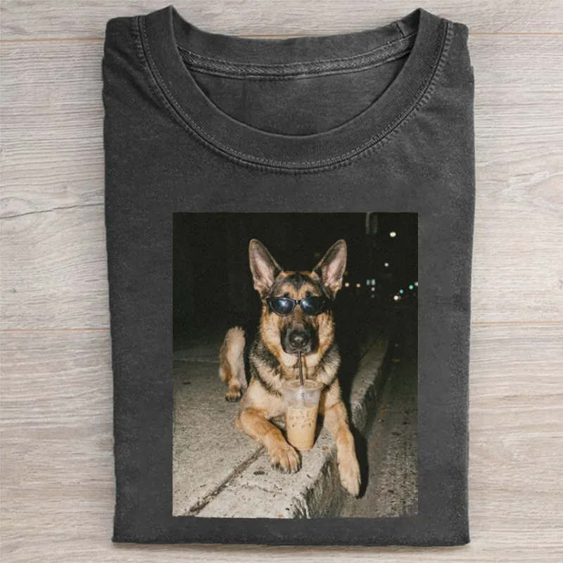 German Shepherd Drinking Iced Coffee T-shirt