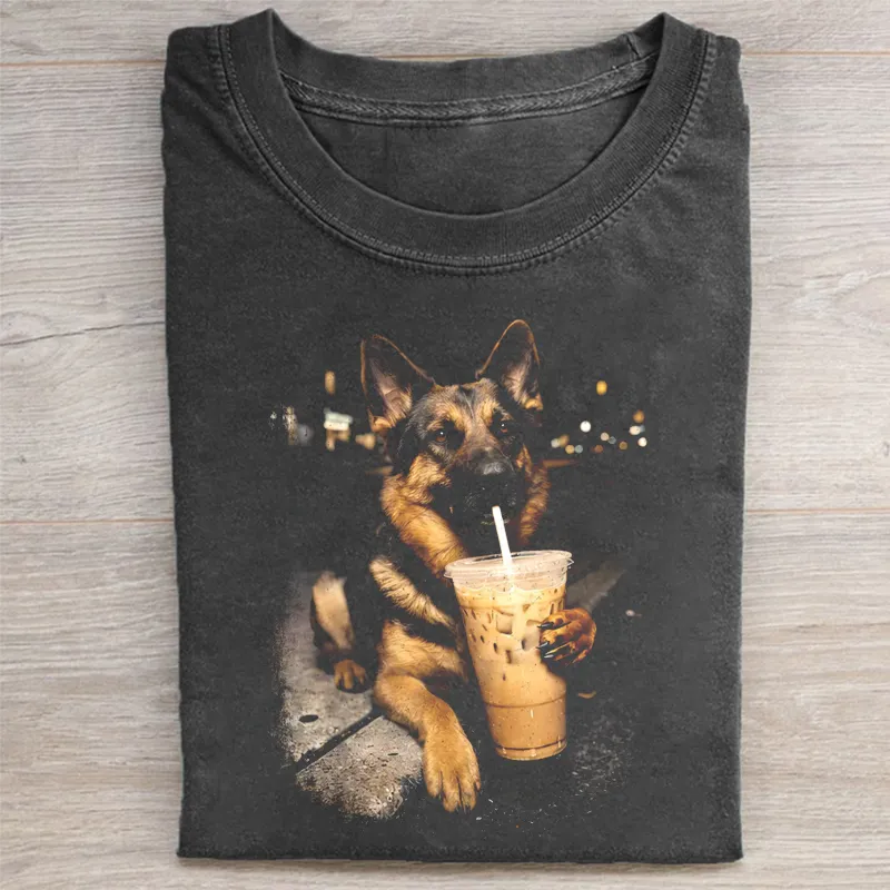 Cool german shepherd Dog Drinking Iced Coffee T-shirt