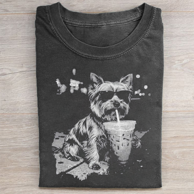 Funny Dog Drinking Iced Coffee T-shirt