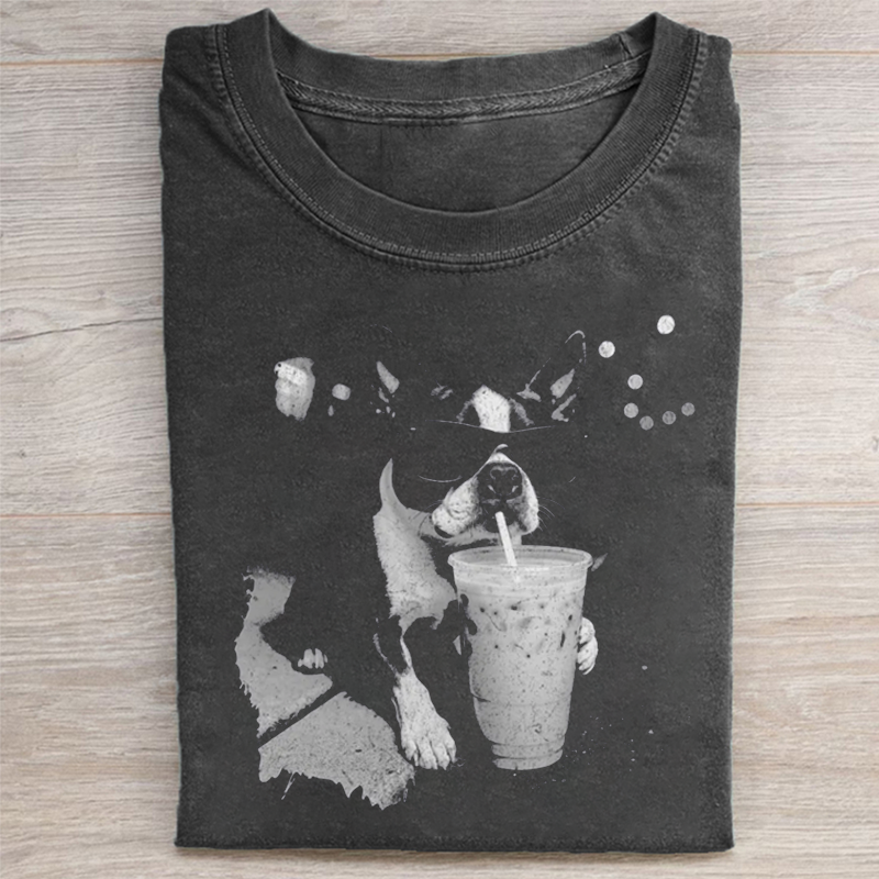 Funny Boston Terrier Drinking Iced Coffee T-shirt