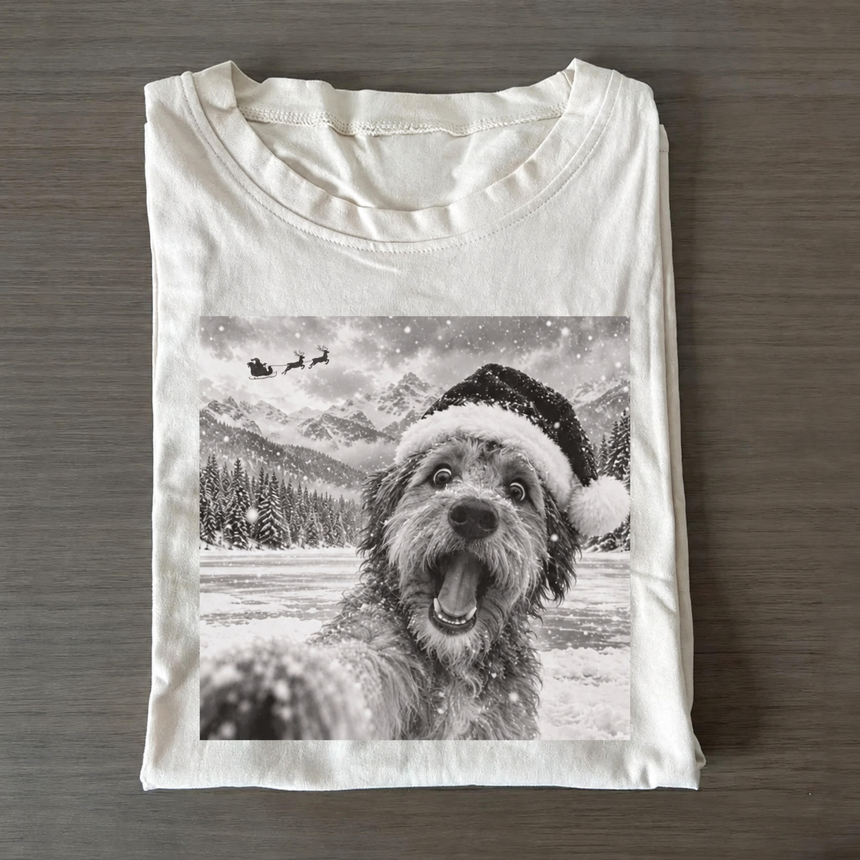 Cute Goldendoodle Christmas Selfie Frozen Lake Winter T-shirt