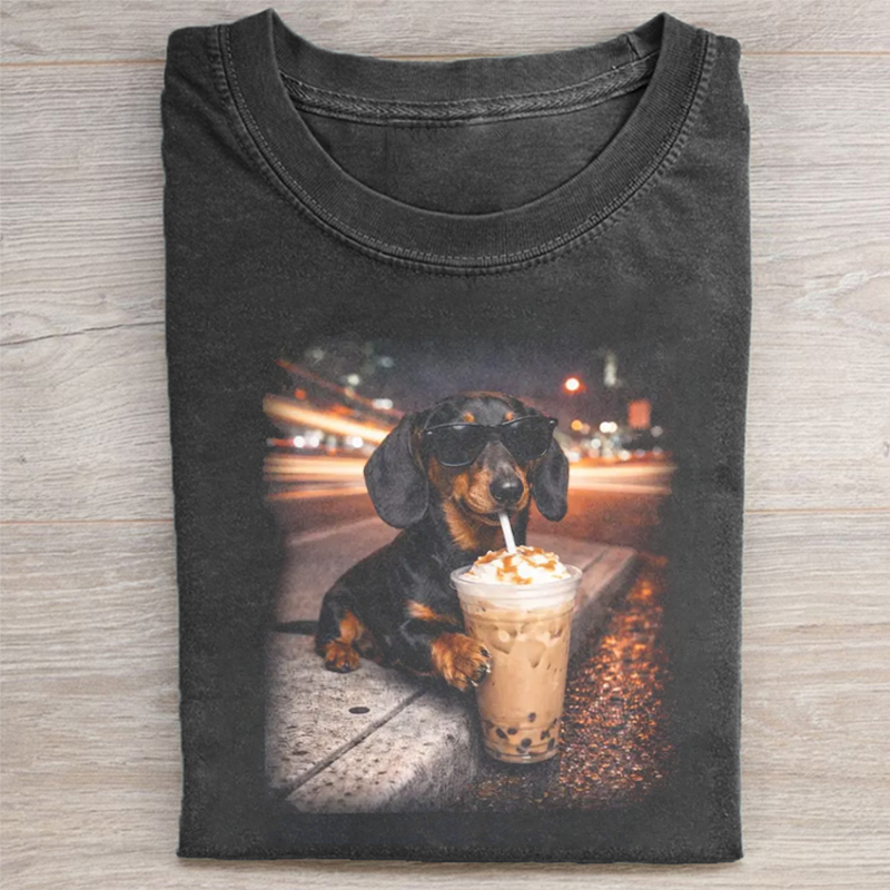 Funny Dachshund Drinking Iced Coffee T-shirt