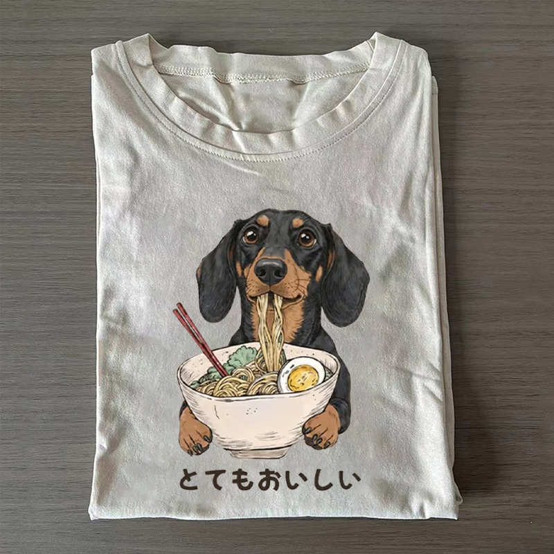 Cute Dog Eating Noodles Art Meme T-shirt