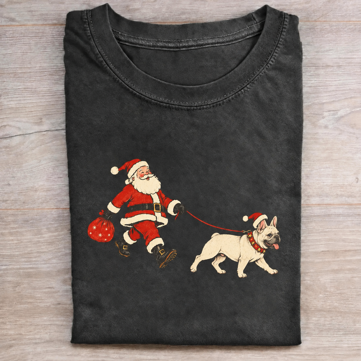 Funny Santa Walking French Bulldog Christmas T-Shirt