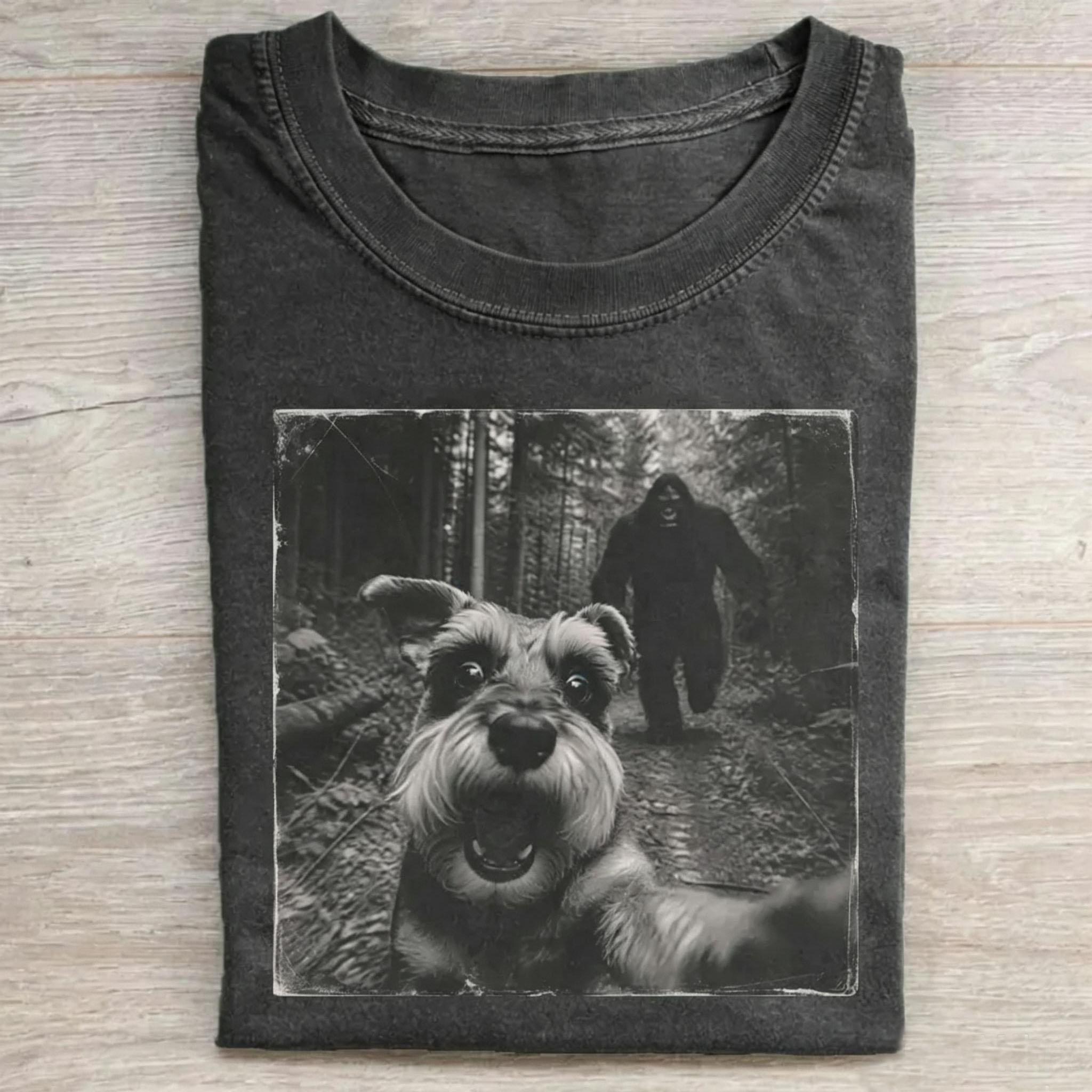 Funny Bigfoot Running After Schnauzer T-shirt