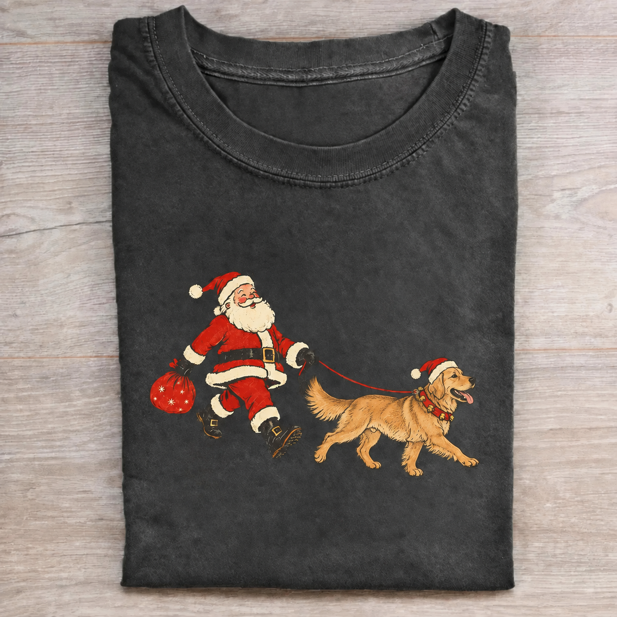 Funny Santa Walking Golden Retriever Christmas T-Shirt