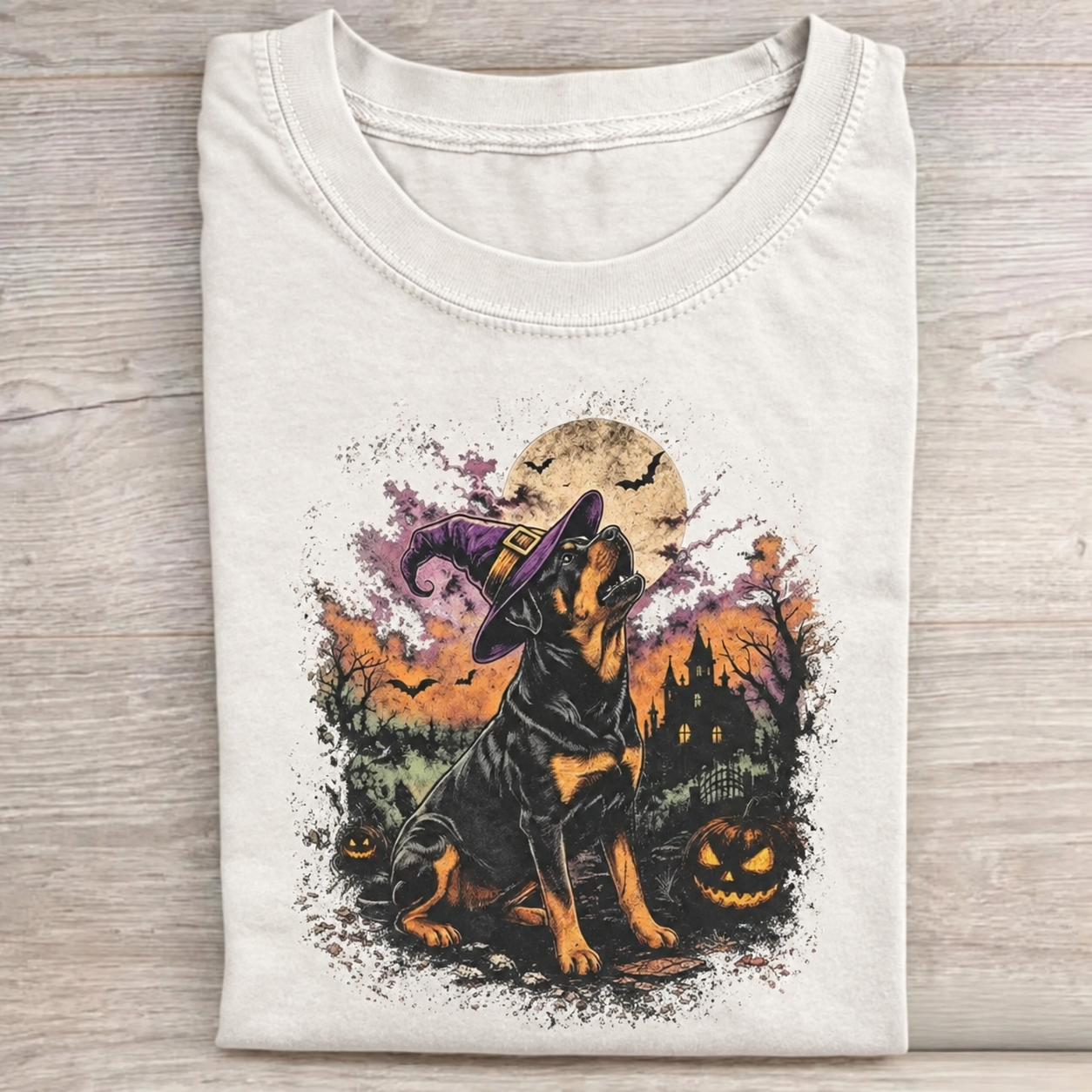 Halloween Witch Rottweiler Howling Moon T-shirt