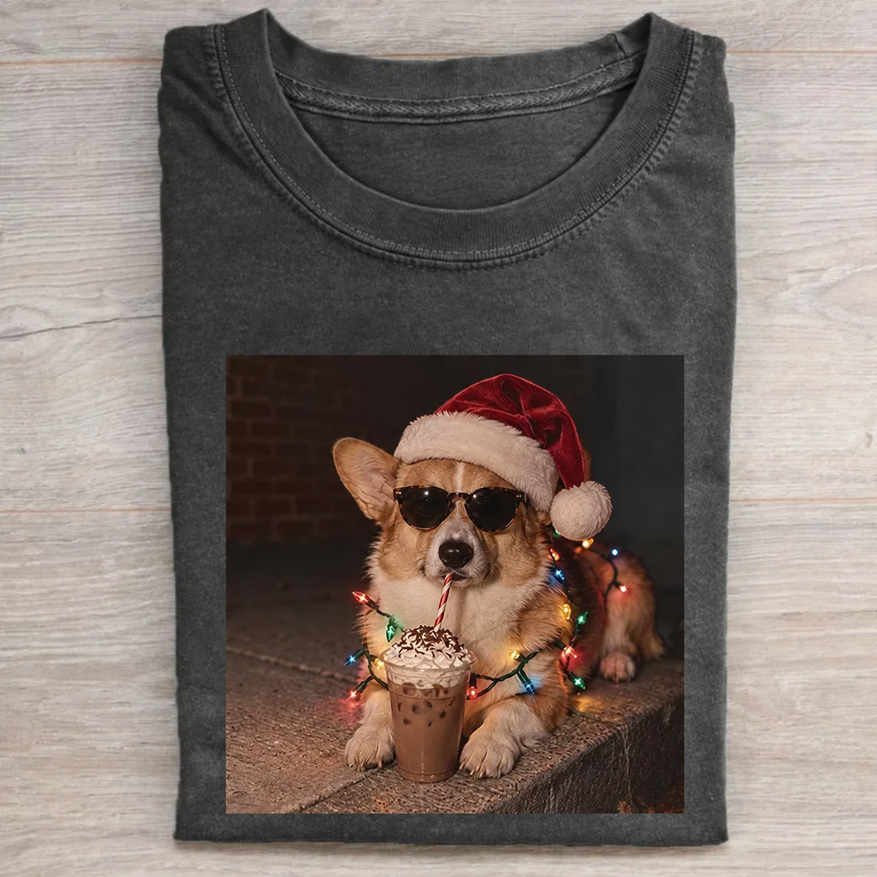 Christmas Corgi Drinking Iced Coffee T-shirt