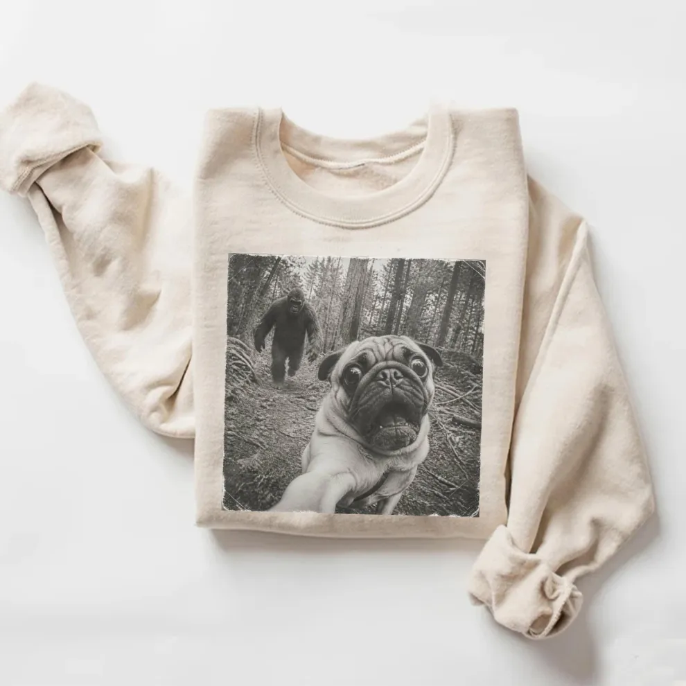Funny Pug Running Away From Bigfoot Sweatshirt