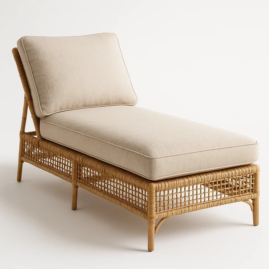 Rattan Chaiselongue mit Kissen aus Leinen-Baumwoll-Mischung, Beige-COZYELITO