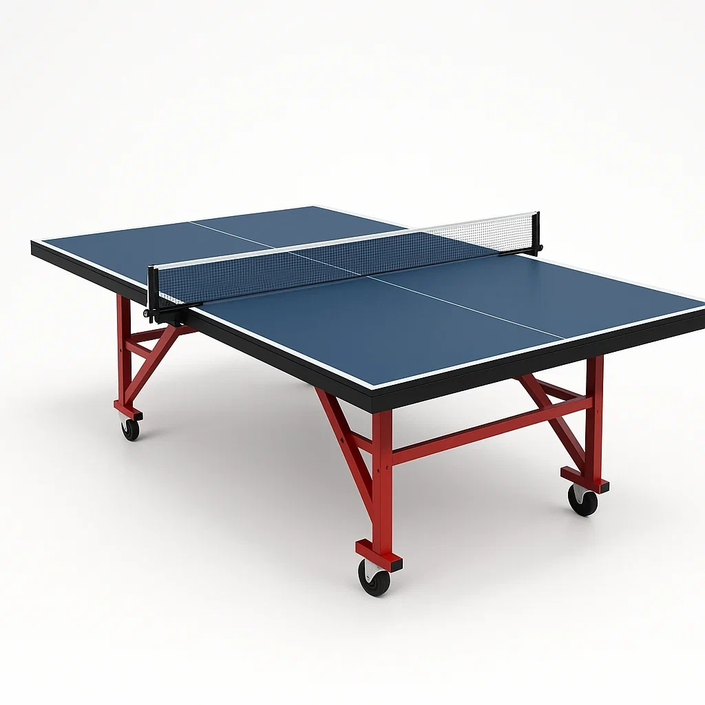 Klappbare Tischtennisplatte mit blauer MDF-Oberfläche und roten Stahlbeinen-COZYELITO