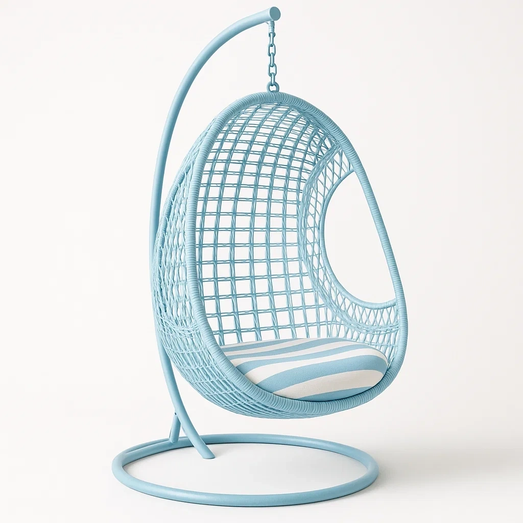 Hängesessel Ei-Form aus Metall und Rattan, Hellblau-COZYELITO