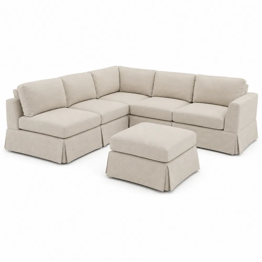 Sofa narożnikowa z tkaniny z pufą, Beżowa