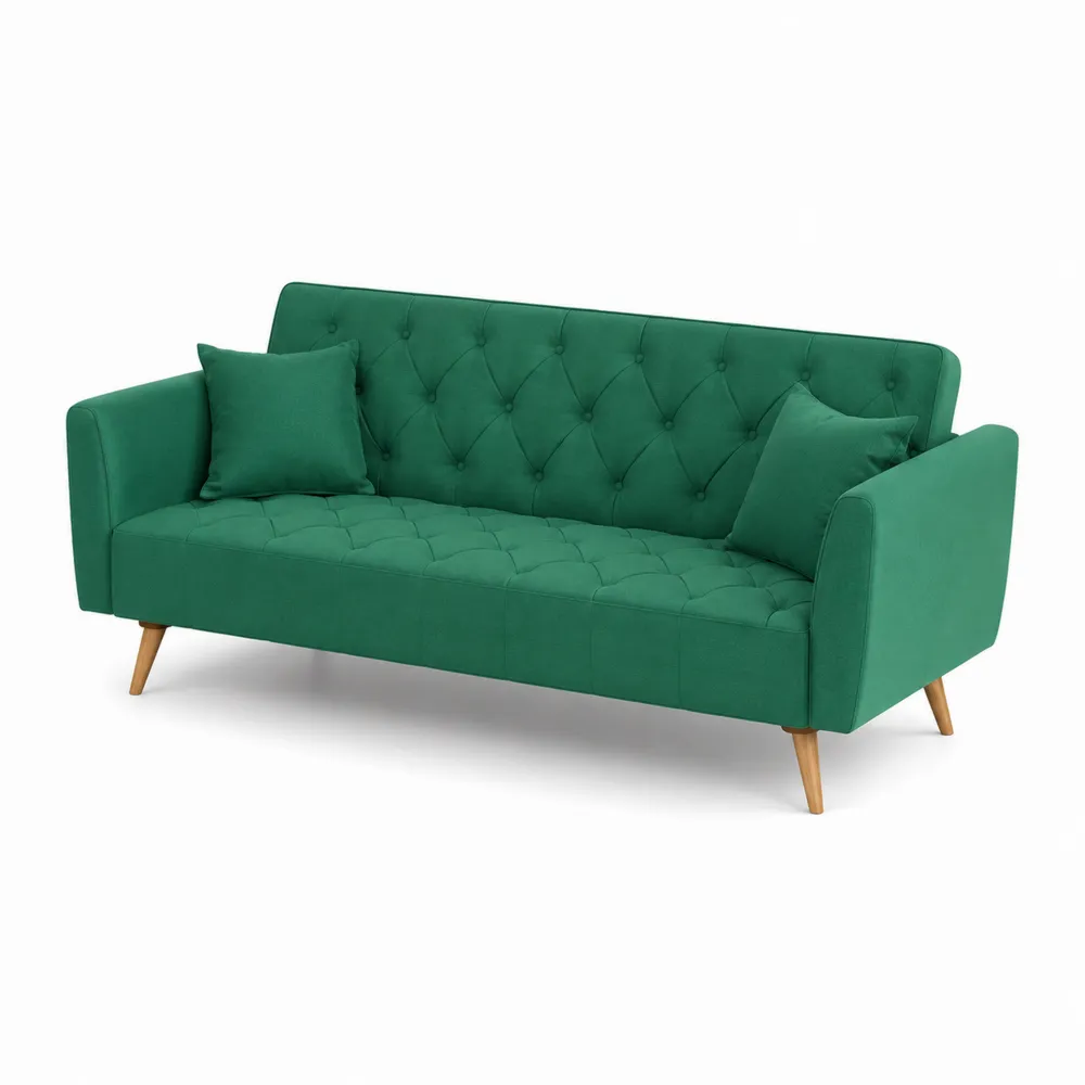 Sofa zielona 3-osobowa z poliestru i drewna sosnowego