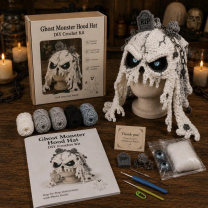 🎃 Halloween Monster Hood DIY Crochet Kit | Premium Soft Yarn Materials with Step-by-Step Guide DIY Handmade Wearable Character Hood 🧶🎭✨