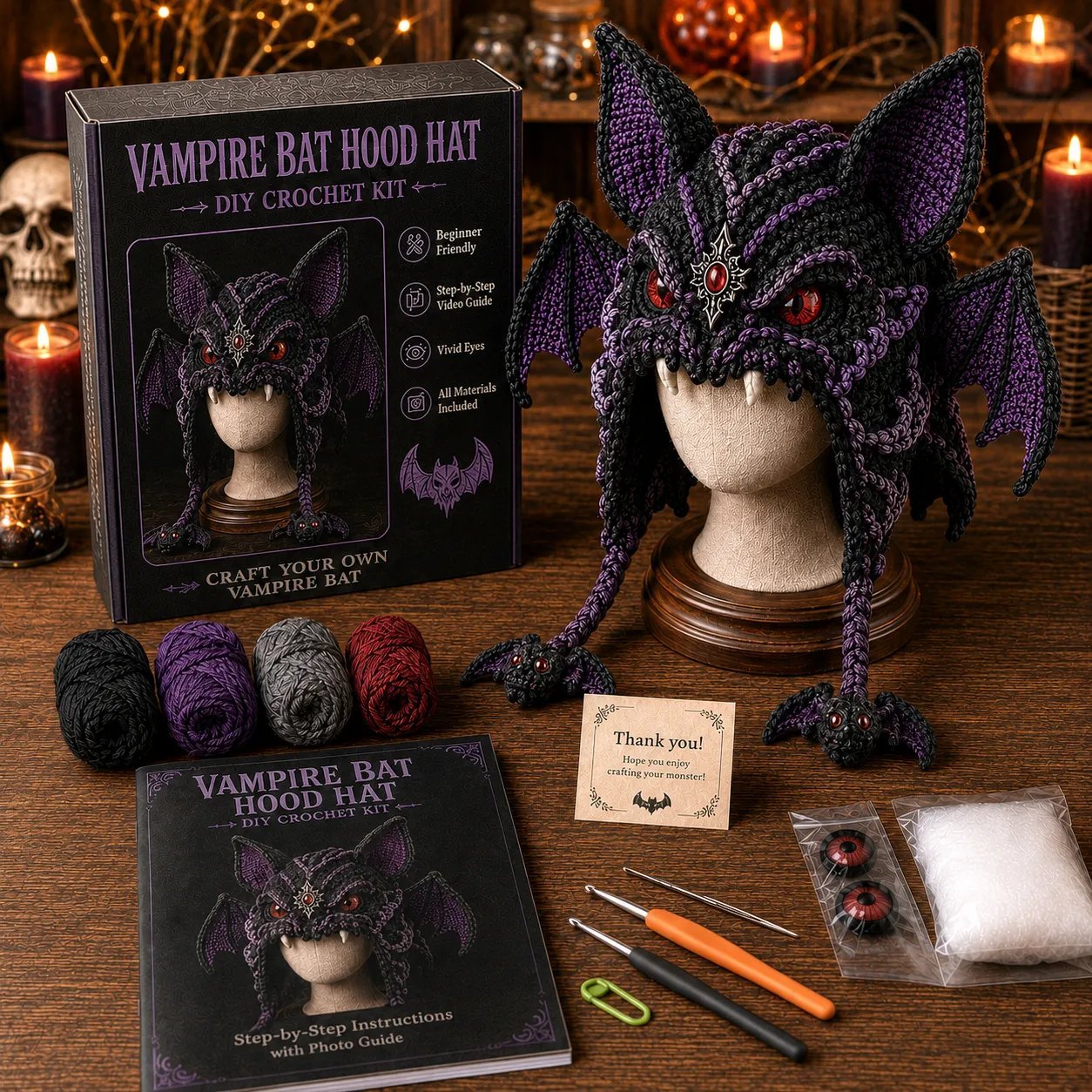 🎃 Halloween Monster Hood DIY Crochet Kit | Premium Soft Yarn Materials with Step-by-Step Guide DIY Handmade Wearable Character Hood 🧶🎭✨