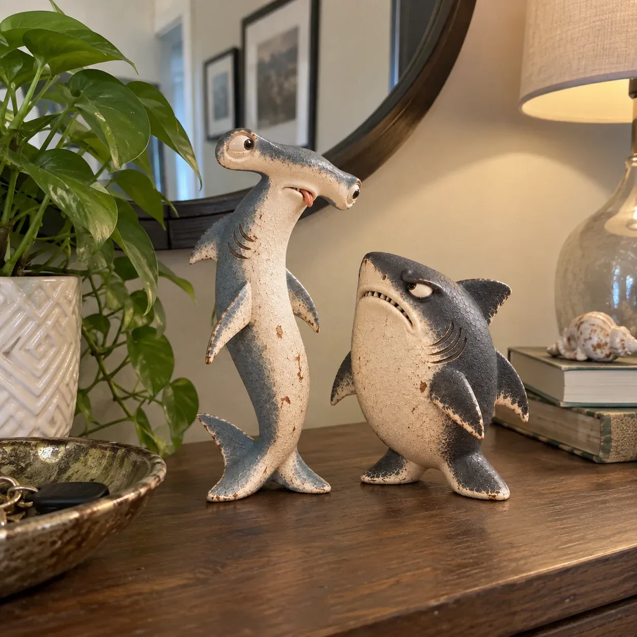 Customer photo of The Odd Shark Duo on a console table