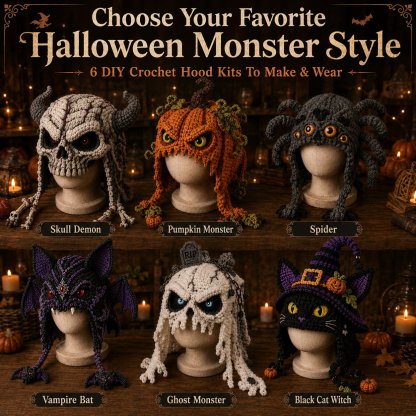 🎃 Halloween Monster Hood DIY Crochet Kit | Premium Soft Yarn Materials with Step-by-Step Guide DIY Handmade Wearable Character Hood 🧶🎭✨