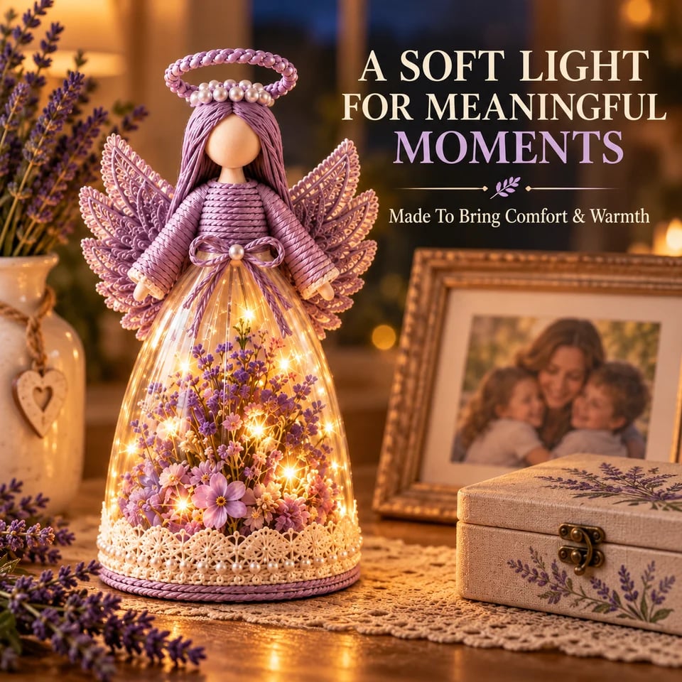 Detailed braided halo wings and floral skirt of the angel figurine