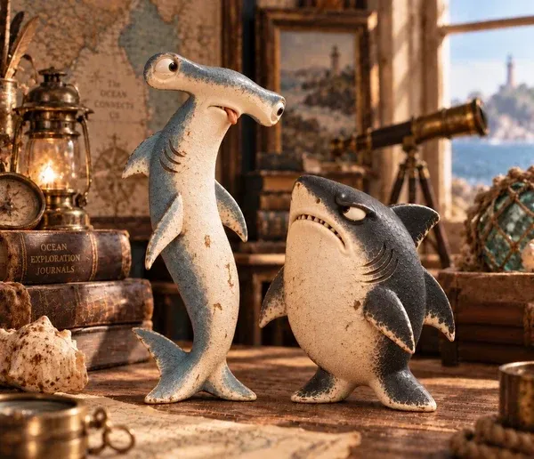 The Odd Shark Duo in a warm nautical study scene