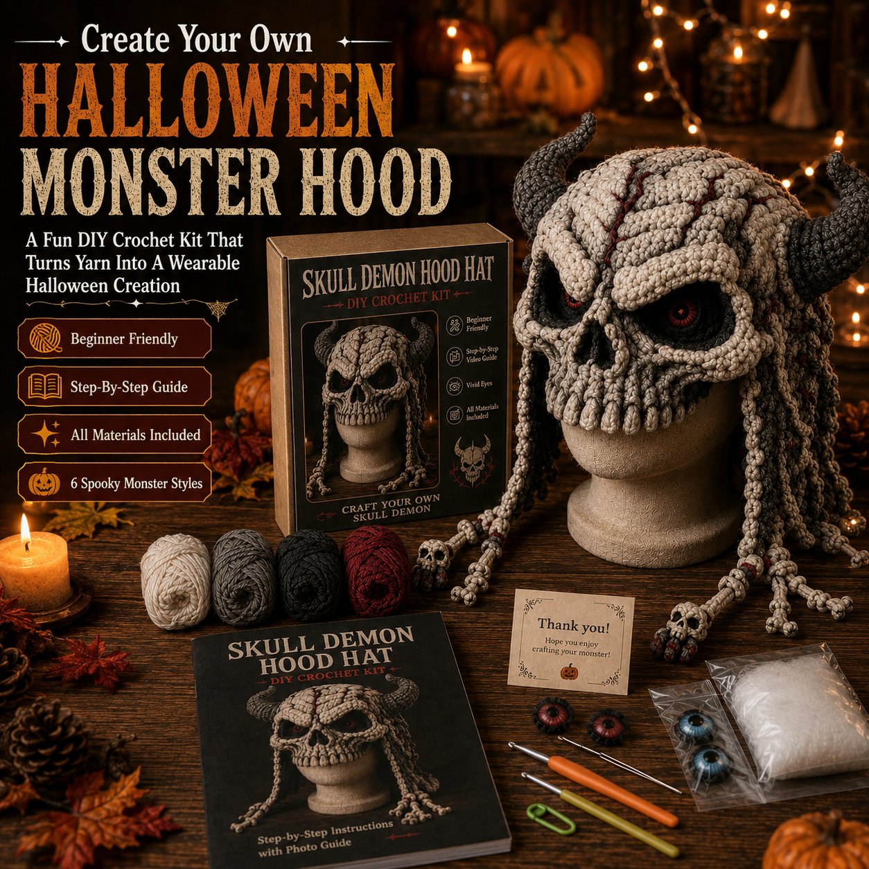🎃 Halloween Monster Hood DIY Crochet Kit | Premium Soft Yarn Materials with Step-by-Step Guide DIY Handmade Wearable Character Hood 🧶🎭✨